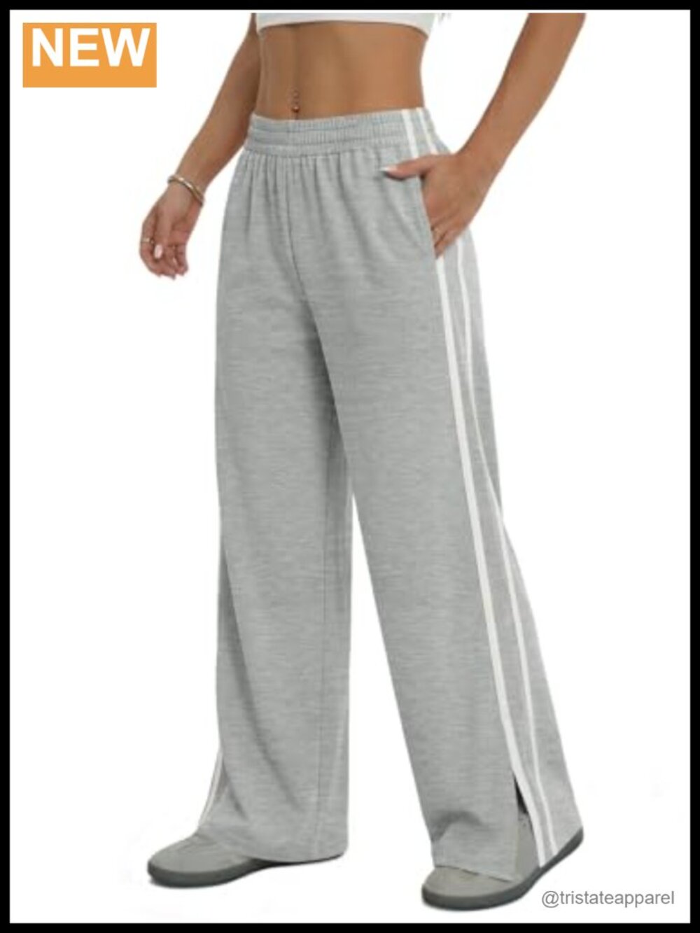 Womens Wide Leg Sweatpants Elastic Waist Side Slit Contrast Stitch Pockets